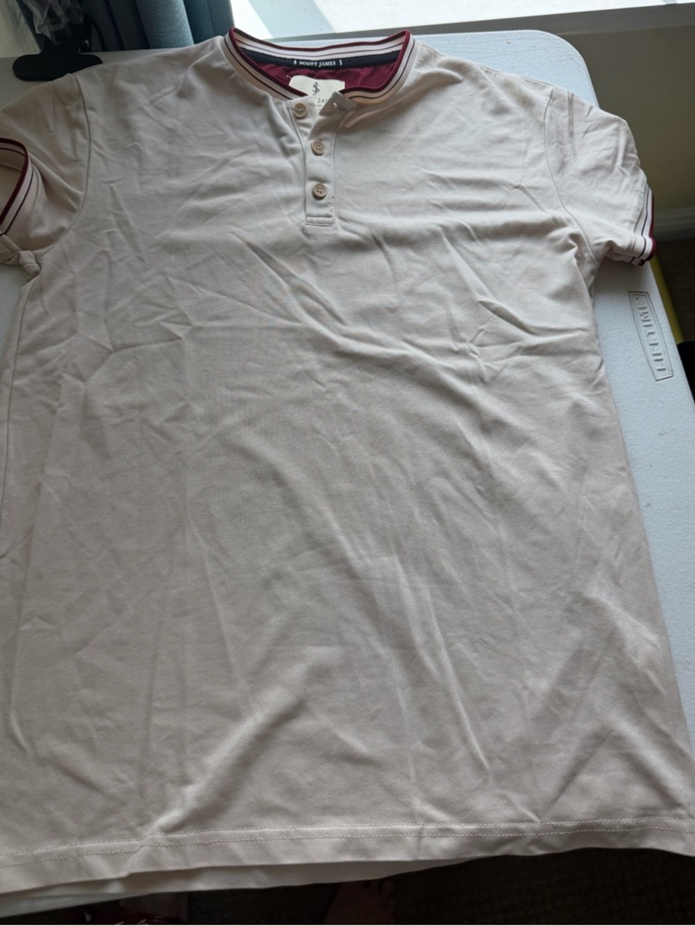 Men's Cream Henley Polo with Burgundy Trim